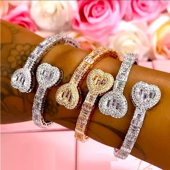 Open Heart Silver Baguette Iced Out Cubic Zircon Diamond Bangle Cuff Bracelet - Picture 9 of 13